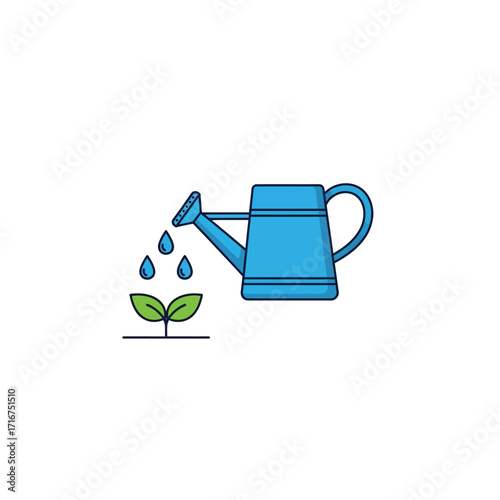 Vibrant blue watering can gently nurturing a small green plant sprout with essential water droplets for healthy growth and new beginnings.