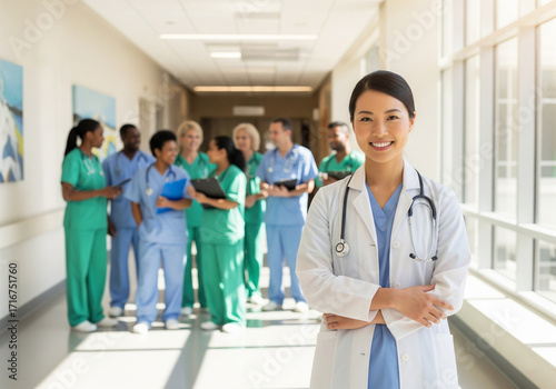 Commercial Photo of Smiling Doctor with Diverse Medical Team in Bright Modern Hospital for healthcare marketing, hospital advertising, medical campaign visuals, professional stock image, healthcare
