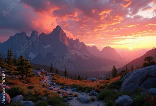 majestic mountains under dramatic sunset skies colorful landscape radiance wilderness serenity, sky, nature, cloud, peak, horizon, dawn, panorama