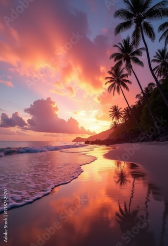 Stunning Tranquil Beach Sunset with Dramatic Skies and Reflections Over Calm Water Serenity Harmony Seascape