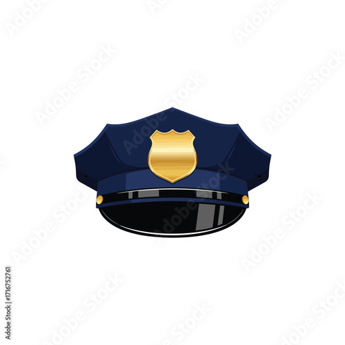 Professional police officer cap with gleaming golden shield emblem and polished visor representing law enforcement authority.