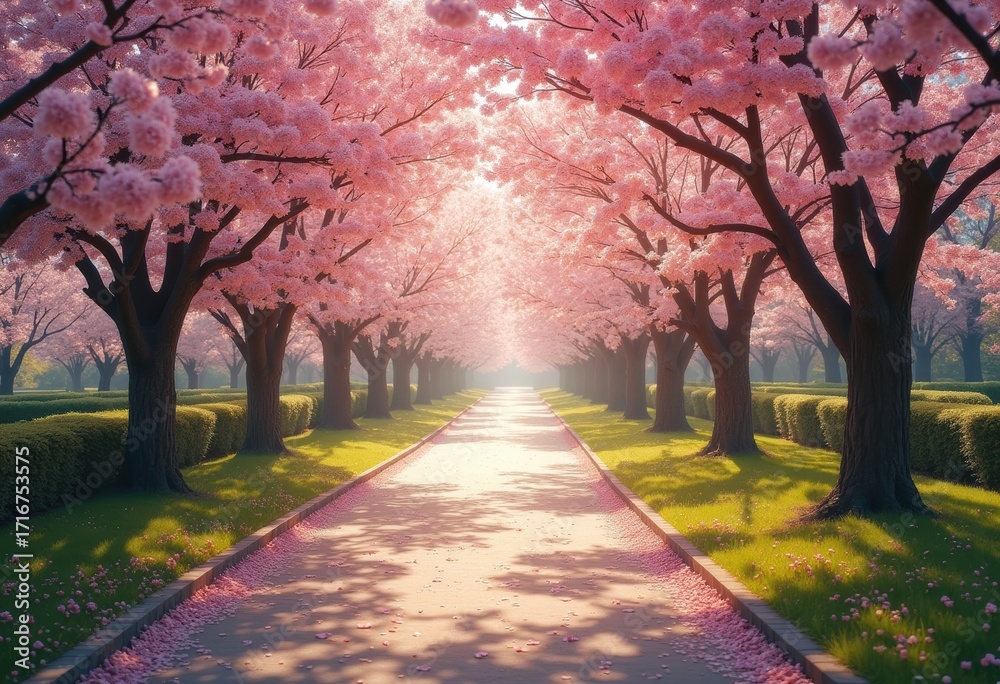 Fototapeta premium Tranquil Cherry Blossom Park Path Scenic Beauty Serene Nature Retreat Blooming Trees Peaceful Walkway