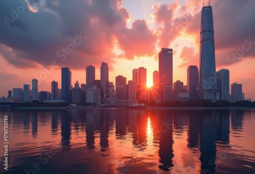 Urban Skyline Sunset Dramatic Clouds Cityscape Silhouette Evening Light Reflections Serenity