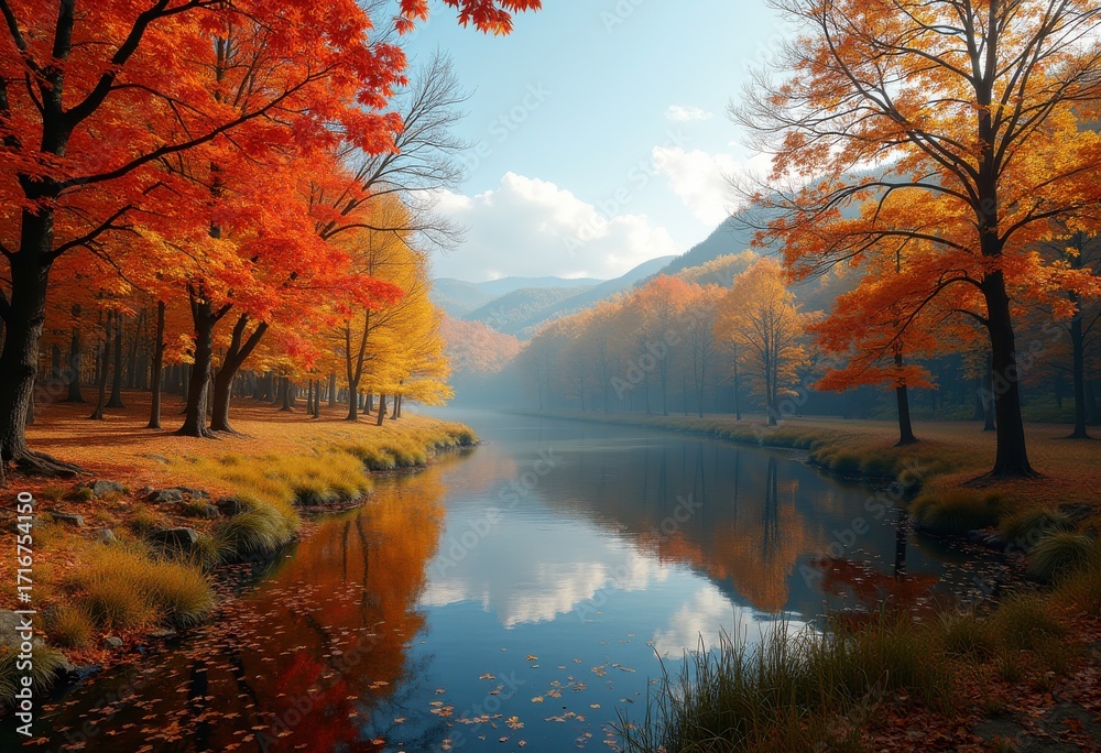 Fototapeta premium Vibrant Autumn Foliage Radiating Warm Colors at Forest Edge Natural Wonder Scenic View