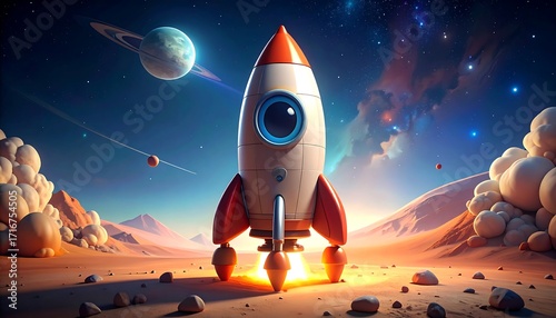 A cartoon rocket launches from a desert planet, bursting with vibrant colors against a starry night sky and cosmic landscape.