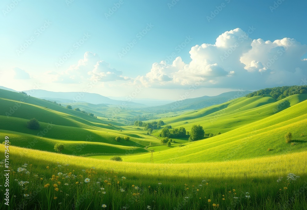 Fototapeta premium Vibrant Rolling Hills Agricultural Landscape with Flourishing Fields and Expansive Sky Overhead