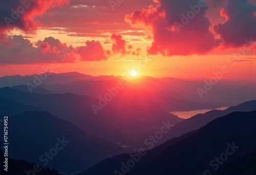 Vibrant Sunset Above Endless Mountain Ranges with Fiery Colors and Breezy Clouds