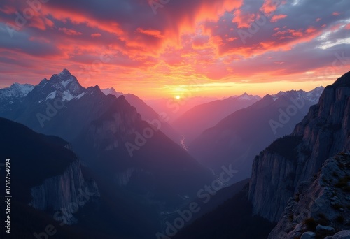 Vibrant Sunset Over Expansive Mountain Ranges with Colorful Skies and Lush Valleys