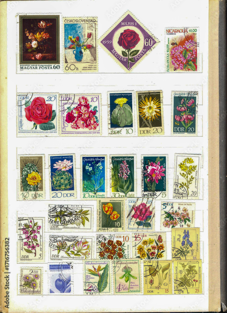 Obraz premium A Vibrant Collection of Used Commemorative Postage Stamps Showcasing Stunning Flower Designs