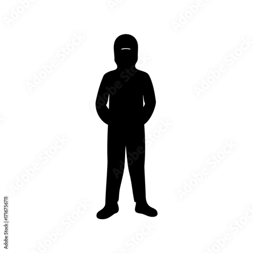 Full body silhouette of a person with a covered face and head