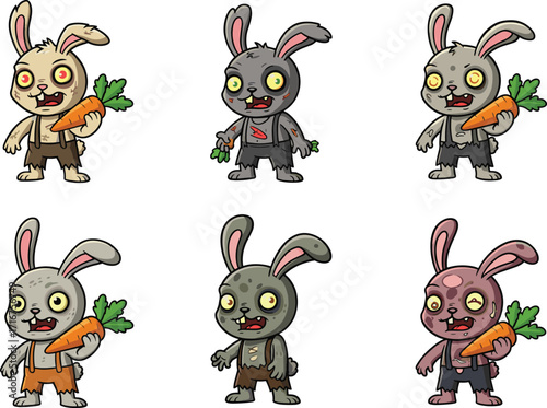 Cartoon rabbits with carrots, anthropomorphic animals, expressive faces, six characters, cute outfits, white background, playful design