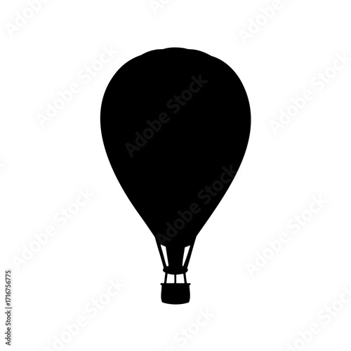 Silhouette of a hot air balloon against a stark white backdrop, simple design