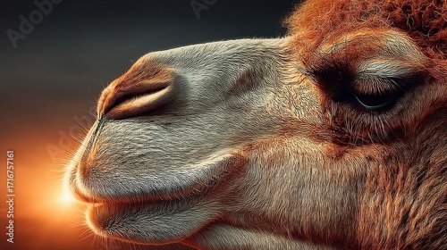 Detailed close-up of a camel's face with textured fur, highlighting its eye and snout in warm golden light.