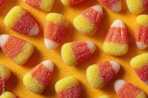 Colorful Halloween Background Featuring Candy Corn Treats Arranged on Orange Surface for a Festive Autumn Celebration