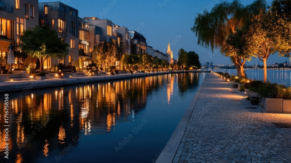 Fototapeta premium Sunset at a riverside promenade with modern buildings and reflections