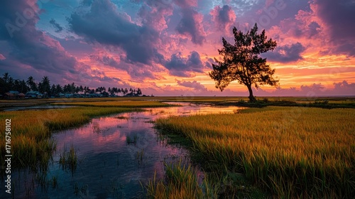 Serene sunset over a flooded marsh with a solitary tree and colorful sky