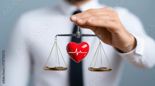Human resource management concept featuring balance scale and heart symbol representing care and fairness with heartbeat office background for HR