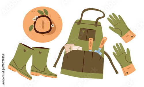 Flat vector illustration of gardening accessories. Hat, boots, apron and gloves for organic farming and rural lifestyle.