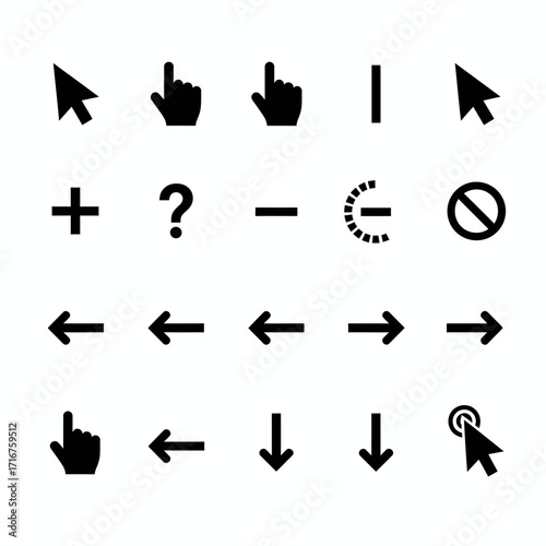 Collection of common cursor icons and universal symbols representing user interface interaction and navigation elements for digital applications