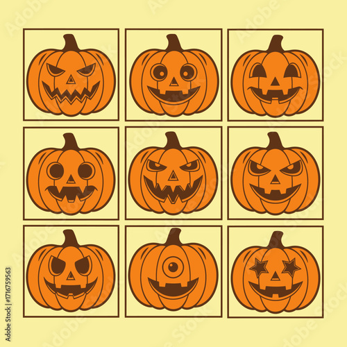 A Grid of Nine Halloween Jack O Lanterns Displaying Various Spooky and Funny Faces for the Autumn Holiday Season