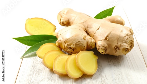 Fresh ginger root and slices on a light wood surface