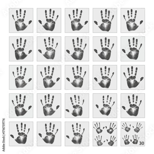 A Grid of Handprints Showing Fingerprints and Palmar Creases in Various Poses Across a White Background Displaying Human Anatomy and Biological Patterns