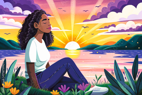Vector illustration of a mixed race woman relaxing outdoors at sunset, breathing fresh air, symbolizing peace, mindfulness, wellness, and calm moments in nature.