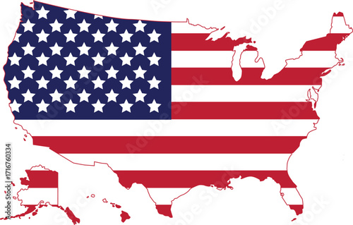 High-resolution vector map of the United States, styled with the American flag. Includes a clipping path for easy editing — shadows can be removed or the map can be recolored to match your design need