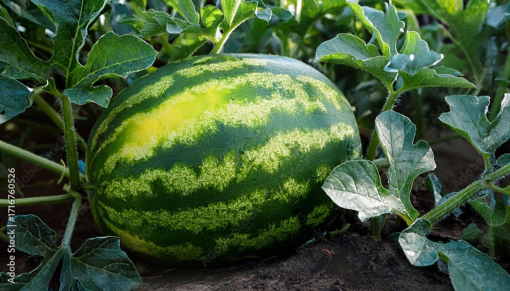 Obraz premium Ripe Watermelon Partially Submerged In Vegetation Green Leaves Ripe Green Yellow Rind Outdoor Setting Sunny Day Angled Perspective Emphasis On Texture And Color