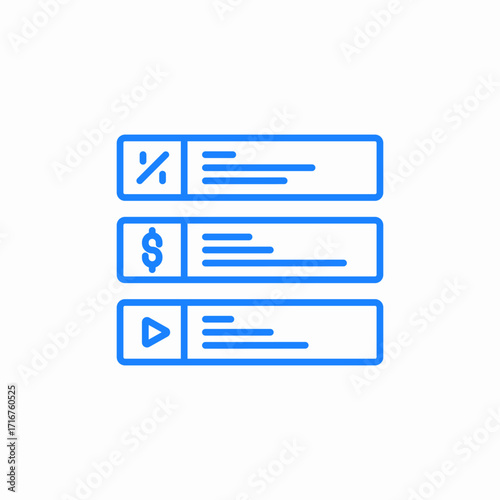 three horizontal bars percentage sign dollar sign and play icon sign vector