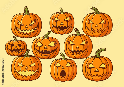 Spooky Jack O Lantern Pumpkins Gathered for a Halloween Celebration with Scary Faces
