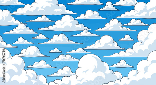 A vast expanse of fluffy white clouds scattered across a clear blue sky providing a serene and peaceful backdrop for imagination and dreams