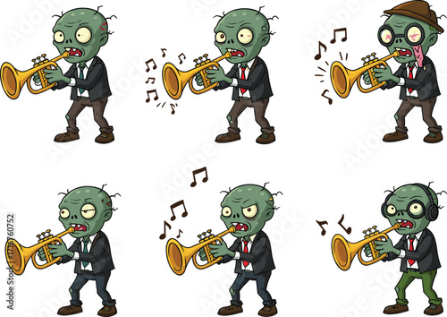 Cartoon zombie trumpet players, six characters, musical notes, expressive outfits, humorous design, white background, undead band