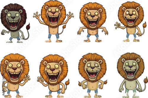 Lion to humanoid transformation, cartoon sequence, character evolution, expressive poses, animal morph, white background, creative design