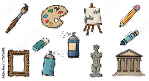Illustration showcasing various artistic tools and elements related to the creative arts field