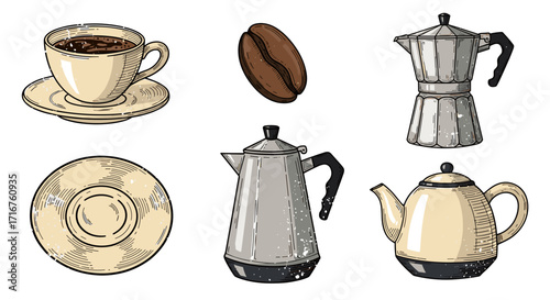 Illustration showing a cup of beverage, a bean, and various types of coffee pots and saucers