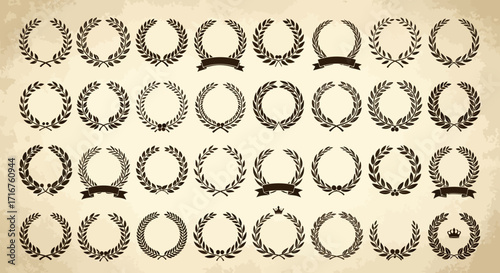 A Collection of Decorative Laurel Wreath Emblems Representing Victory Achievement and Excellence