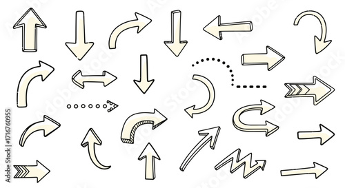 Collection of hand drawn arrows pointing in various directions and orientations on a plain page view