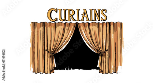 Illustration of golden stage draperies with the word curtains above them in a theatrical setting