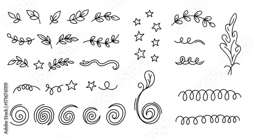 Collection of hand drawn doodle elements featuring leaves stars swirls and other decorative line drawings
