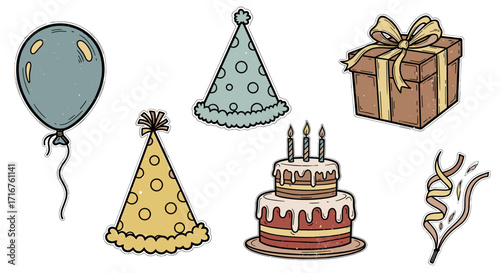 Illustration of a balloon, party hats, gift, cake with candles and confetti for a celebration event