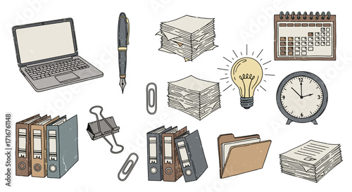 Illustration of laptop, pen, papers, calendar, clock, binders, and a lightbulb on a plain setting