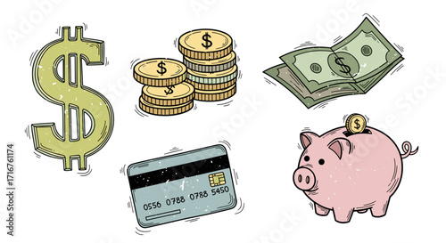 Illustration featuring dollar sign, coins, paper currency, credit card, and piggy bank icon set