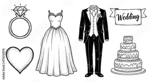 Elegant wedding attire and symbols including a dress tuxedo cake ring and heart illustration art design