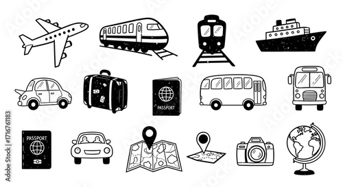 An assortment of transportation methods and travel related items are displayed in this image here now