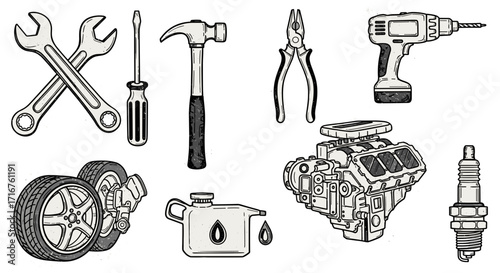 Illustration showcasing an array of automotive repair tools and engine components in a detailed drawing