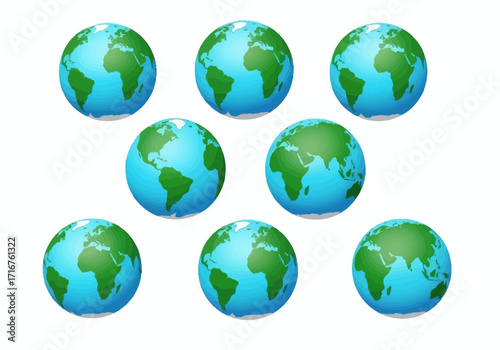 An Array of Eight Blue Green Earth Globes Displayed On A White Background With No Shadows
