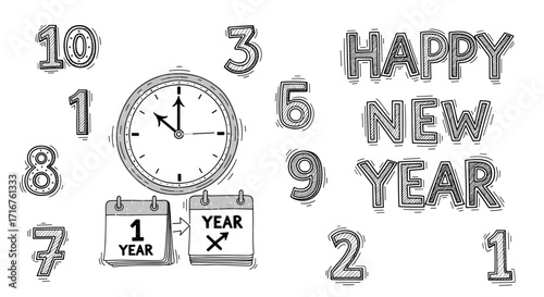 Hand drawn clock nearing midnight with calendar and happy new year text and numbers around it