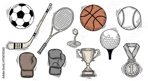 Depiction of various sports equipment items including balls and protective gear in a sketch style