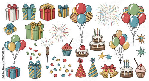 Assorted festive elements featuring gifts, balloons, cakes, and party decorations displayed together